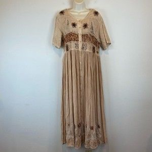 M.P.H. Bohemian long tan/brown dress women’s size XL front button w/tie on back